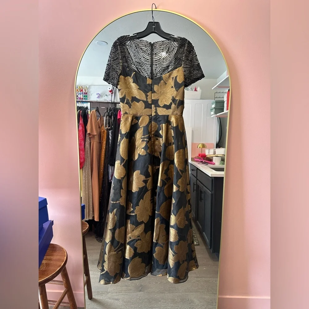 Theia Beaded Gold Black Midi Dress - Picture 2 of 6